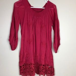POISE RED LONG SLEEVE TUNIC DRESS BLOUSE LACE HEM